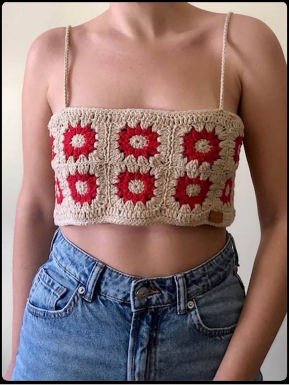 Hand-Crocheted Beige and Red Floral Crop Top - Women's Summer Tank